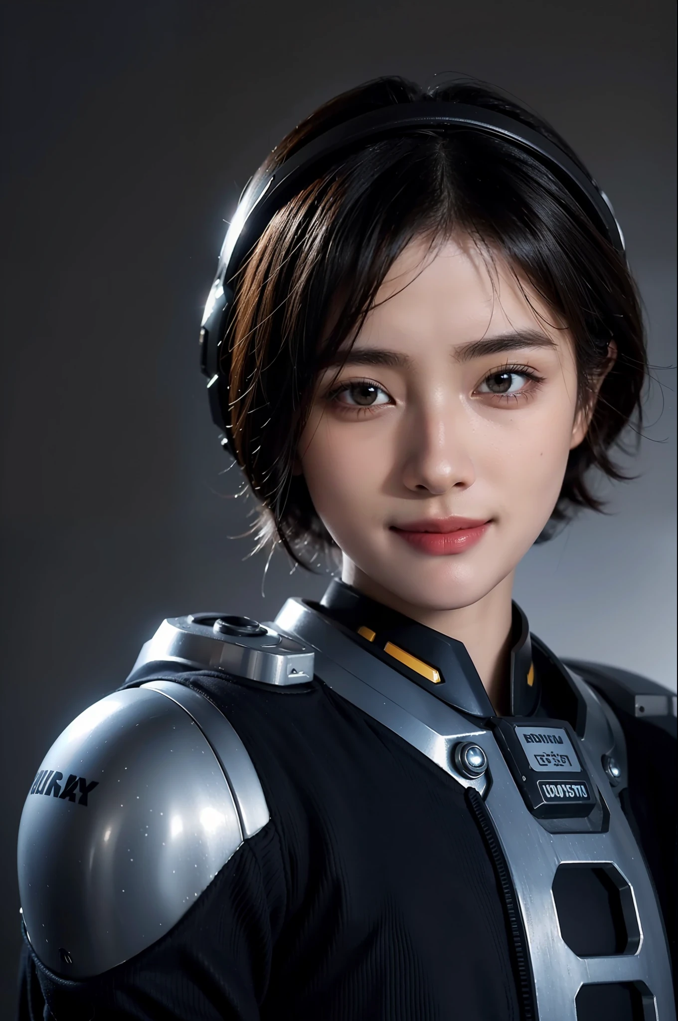 Highest image quality, outstanding details, ultra-high resolution, (realism: 1.4), ((cowboy shot)), the best illustration, favor details, highly condensed 1girl, (cyberpunk,cybprg), a delicate and beautiful face, (short hair), (wearing heavy armad spacesuit with helmet-conecter, attached black and gray mecha), ((revealed only head)), ((smile)), nobody rocket-launcher platform