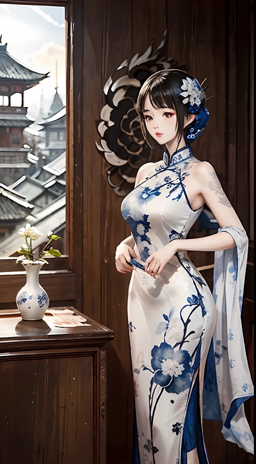 ink and watercolor painting，ink，water ink，（Blue and white porcelain style：1.5），（Cheongsam beauty：1.4），Modern cheongsam，high-heels，the setting sun，Blue and white porcelain，Ancient buildings are scattered，Works of masters，super-fine，high qulity，8K resolution