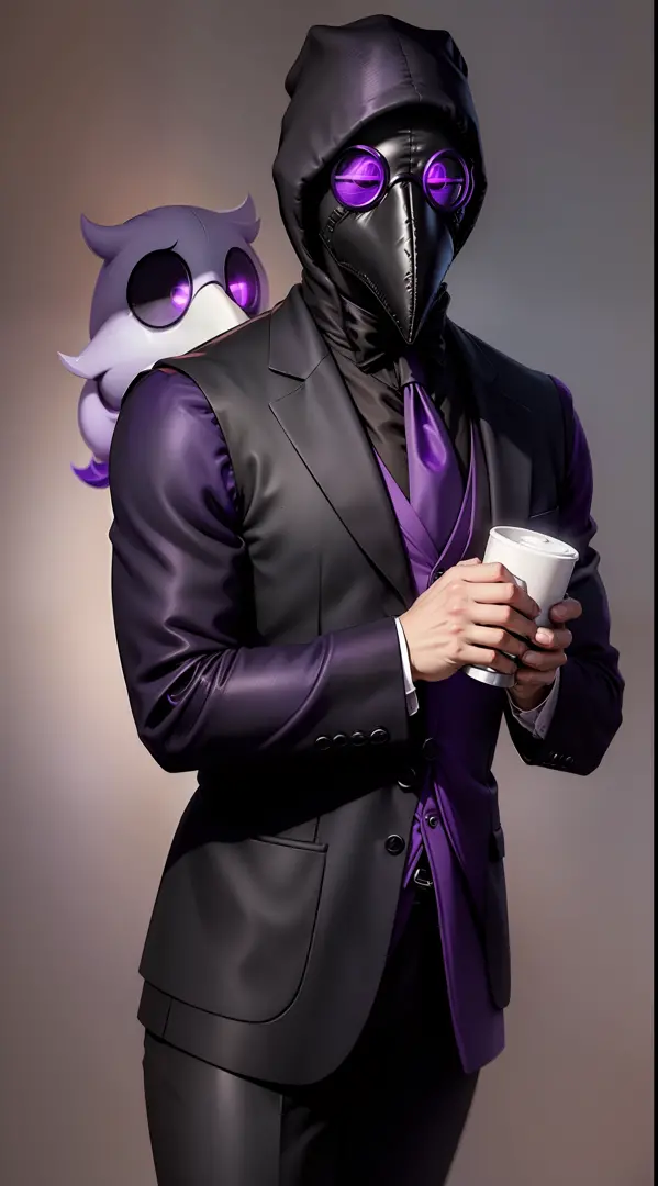 a gentleman, doctor plague mask closed ((with purple round lenses and black beak)), ((black vest)), ((red tie)), holding a cup of coffee in his right hand, no logo, clean white background, in the text,((purple eyes)) no background