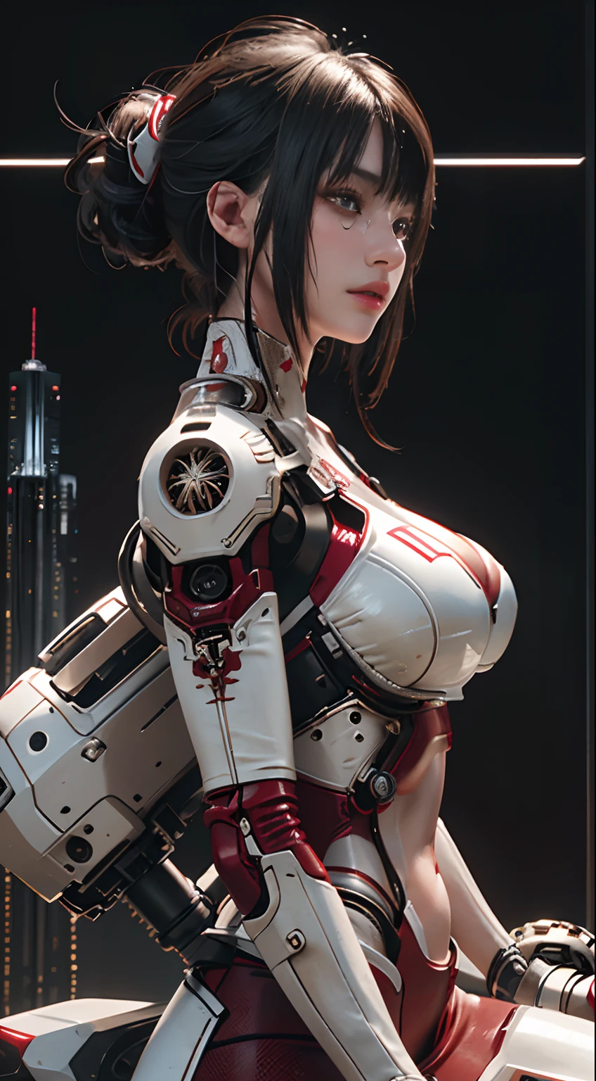 Highest quality, outstanding detail, super high resolution, (fidelity: 1.4), best illustration, favor details, close-up, a mecha girl with a delicate and beautiful face, ((red and white semi-mechanical body: 1.8)), (big breast: 1.2), sexy, belly button, cleavage, riding on a motorcycle, cyberpunk, futuristic, mechanical aesthetics, complex machinery, background is a high-tech lighting scene of the futuristic city, virtual engine 5, perfect detail rendering, octane rendering, ultra HD