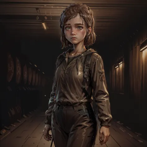 retro style ellieabigail "abby" anderson fom the last of us having very big eyes random style and full body view, dark backgroun...