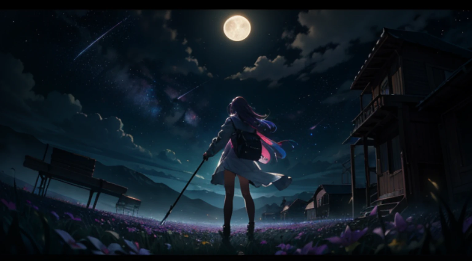 A woman standing in a field with a sword and a full moon - SeaArt AI