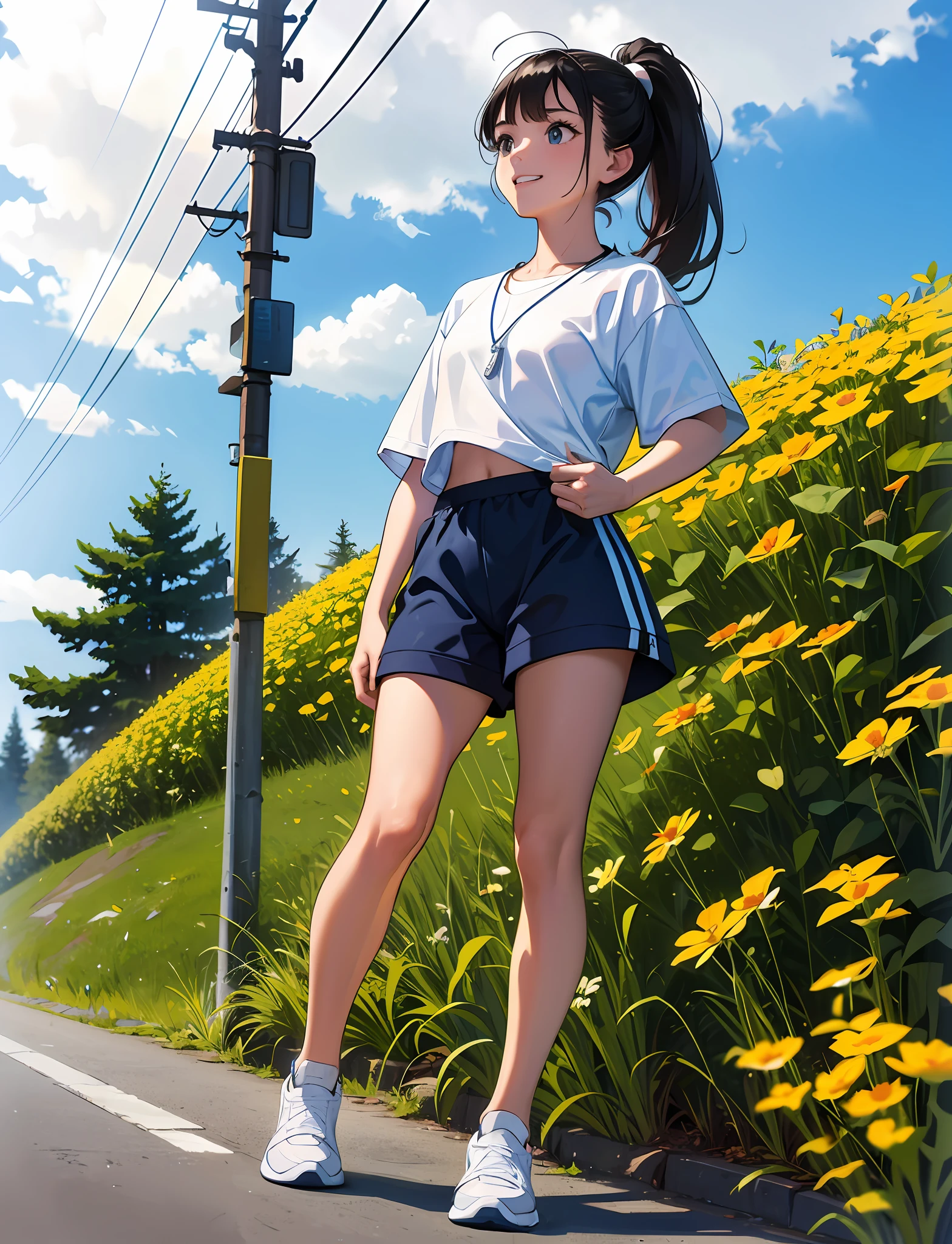 HighestQuali，A cheerful little girl，Comb the ponytail，Wear sportswear，athletic sneakers，having fun，Walk on country roads，Next to the road are flowers and plants，With a necklace，Surreal，of a real，Ultra-wide shot