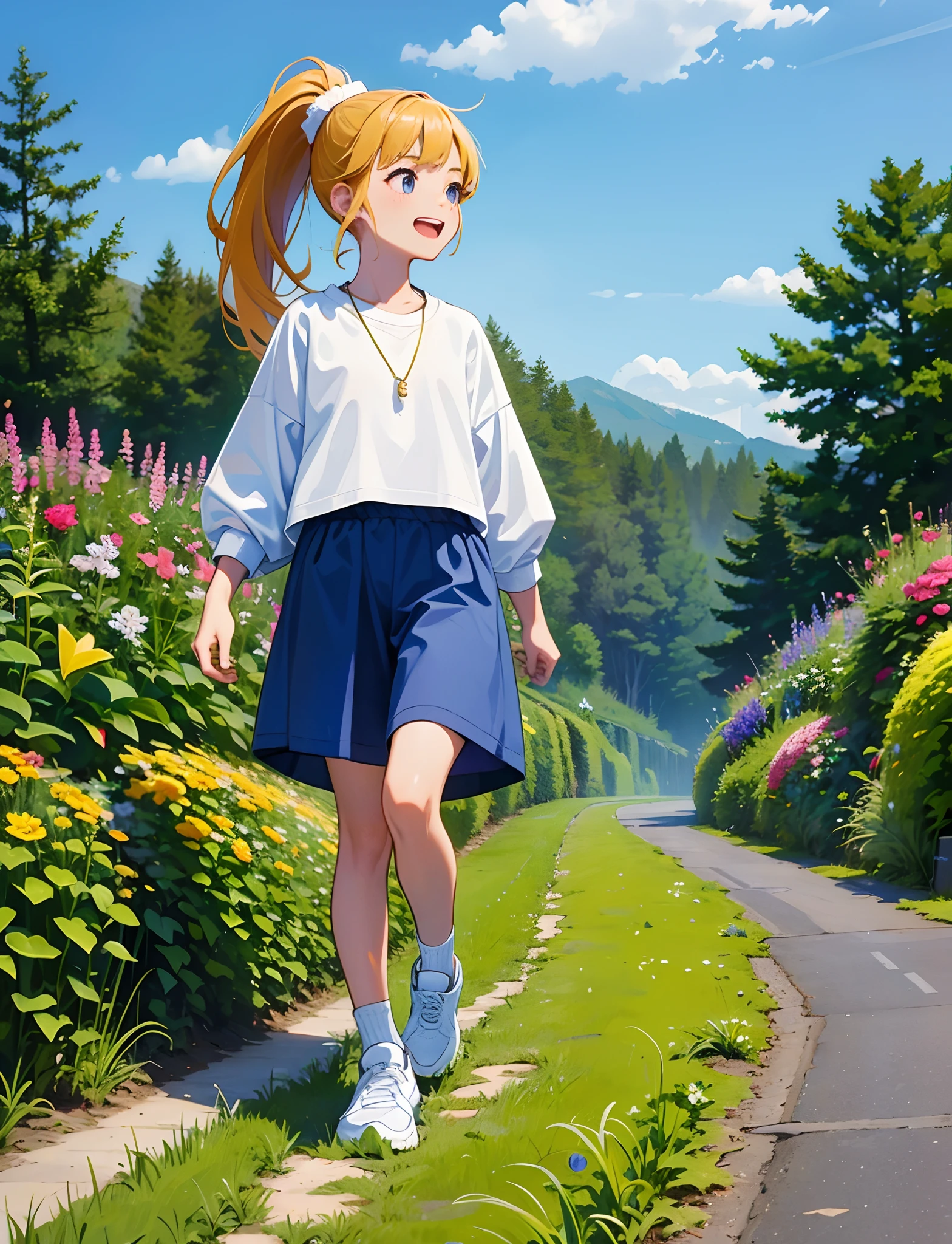 HighestQuali，A cheerful ，Comb the ponytail，Wear sportswear，athletic sneakers，having fun，Walk on country roads，Next to the road are flowers and plants，With a necklace，Surreal，of a real，Ultra-wide shot