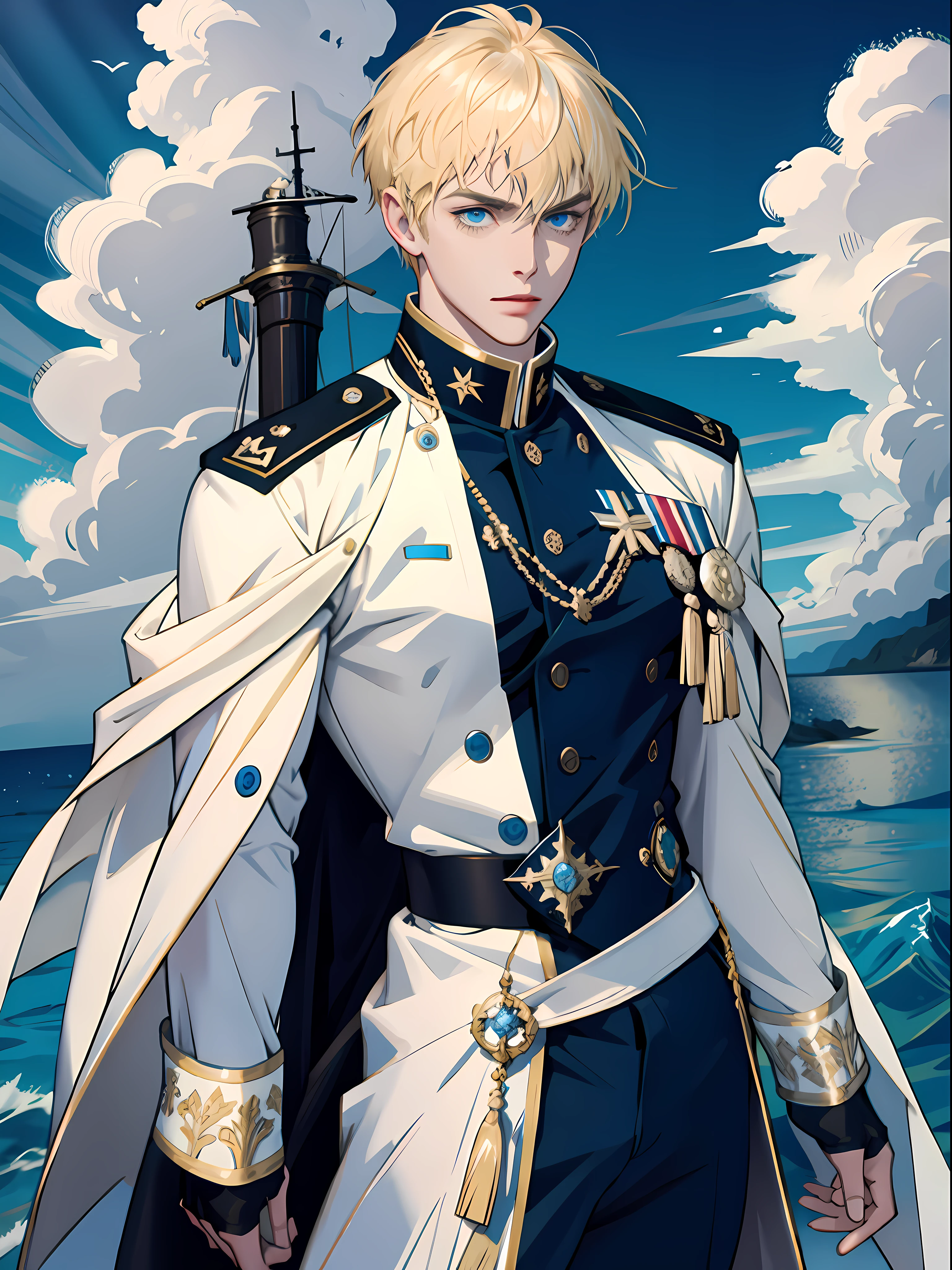 (masterpiece, best quality), 1 male, mature, aged up:1.4, tall muscular guy, broad shoulders, finely detailed eyes and detailed face, extremely detailed CG unity 8k wallpaper, intricate details, Fantasy, royal, nobleman, Admiral, short hair, blonde hair, blue eyes, fleet commander, navy, commander, white uniform, ocean, cloudy sky, wave