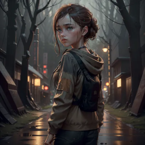 retro style ellieabigail "abby" anderson fom the last of us having very big eyes random style in potrait style and look back ful...