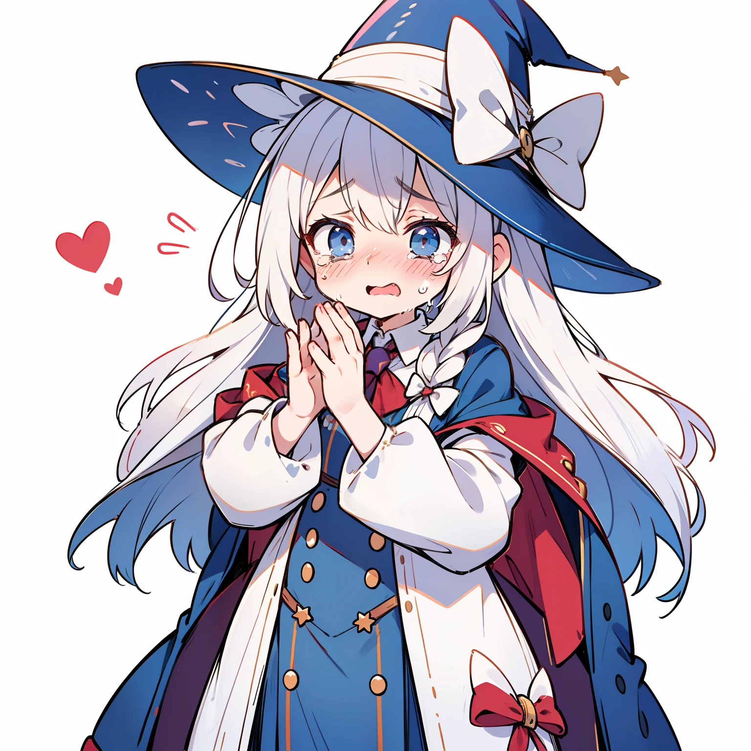 A  magician in clothes that are far too big for her, embarrassed expression, crying, teary eyes, loose clothes, magician's hat
