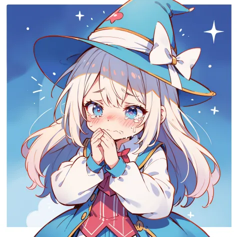 A loli magician in clothes that are far too big for her, embarrassed expression, crying, teary eyes, loose clothes, magician's h...