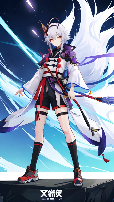 The anime character Shota stands in front of a colorful background，Stand in front of the microphone，Keqing from Genshin Impact, From Arknights, fox nobushi, Inspired by Bian Shoumin, Genshin impact's character, An anime cover, Genshin, zhongli from genshin...