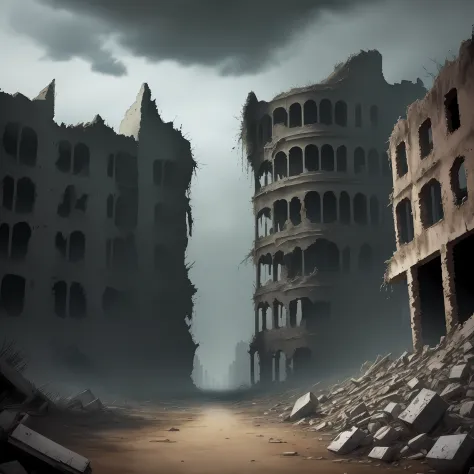 The ruined city is a pitch-black sky