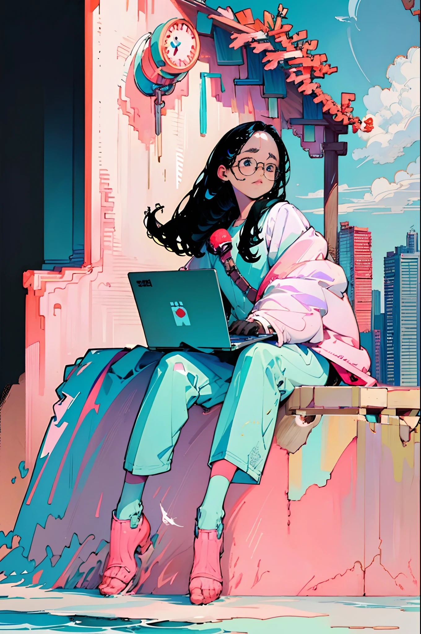 best quality, 4K wallpaper, masterpiece, extremely detailed CG unity 8k wallpaper, extremely detailed eyes, ultra-detailed, intricate details, 1girl, 21 year old, mexican brunette indigenous, , long black hair, cute , glasses , (((6 and a half heads full body))) frontal view, Aqua eyes, Jacket, white pants, ((writing in a laptop hurriedly)), next to a window, character art style, retro art style, public, outdoors, sitting, city,