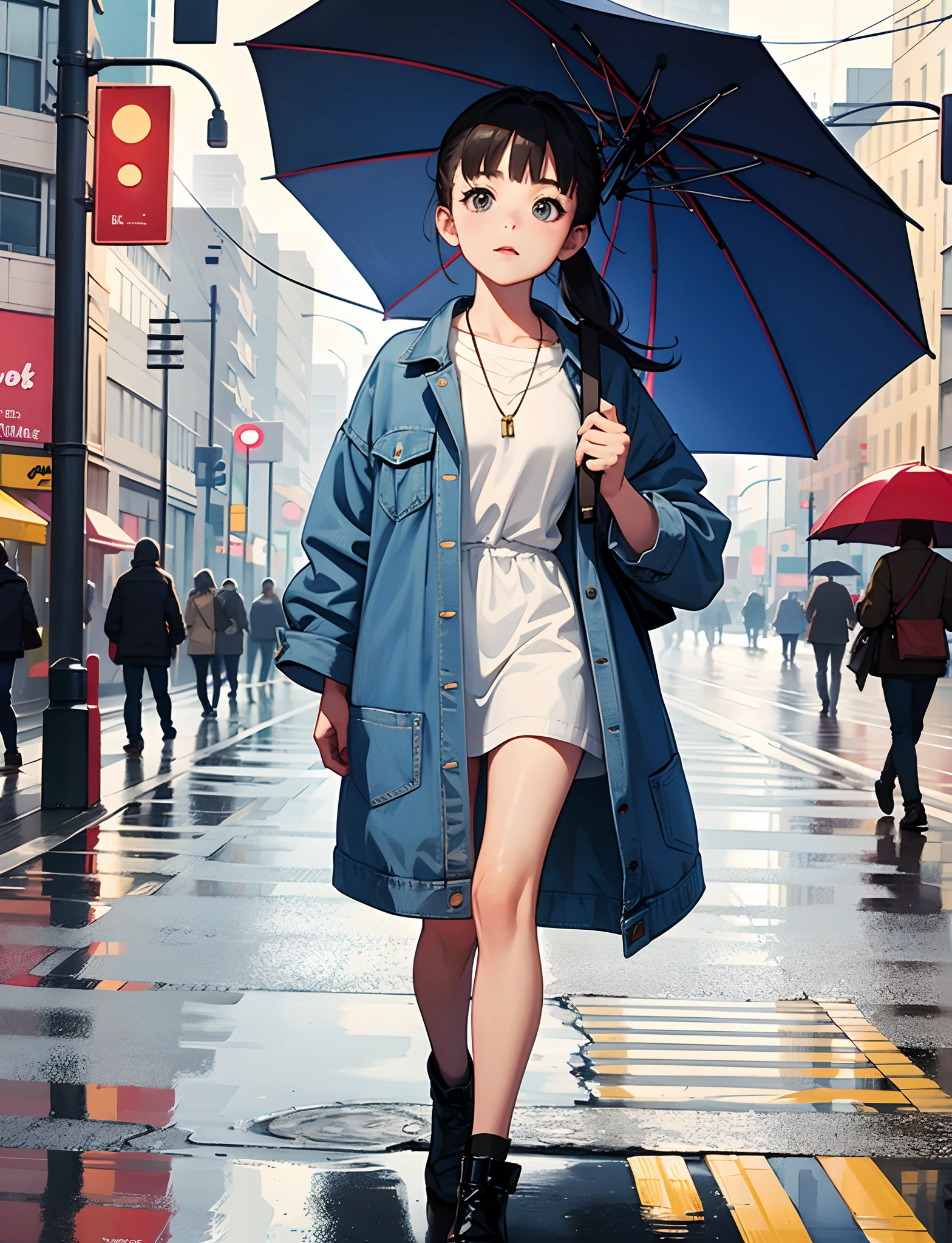 HighestQuali，A little girl holding an umbrella in her hand，Comb the ponytail，Wear a denim jacket，Walk the streets of the city，Pedestrians on the road，With a necklace，Surreal，of a real，Ultra-wide shot，It was raining