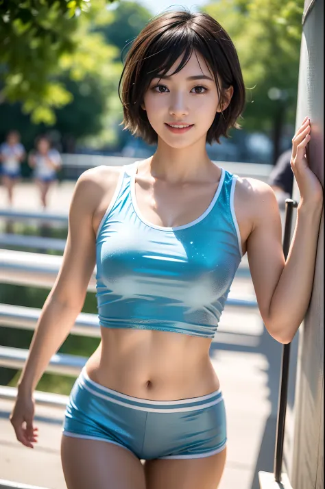 Woman wearing sweaty sports bra、(((flat chest)))、short-hair