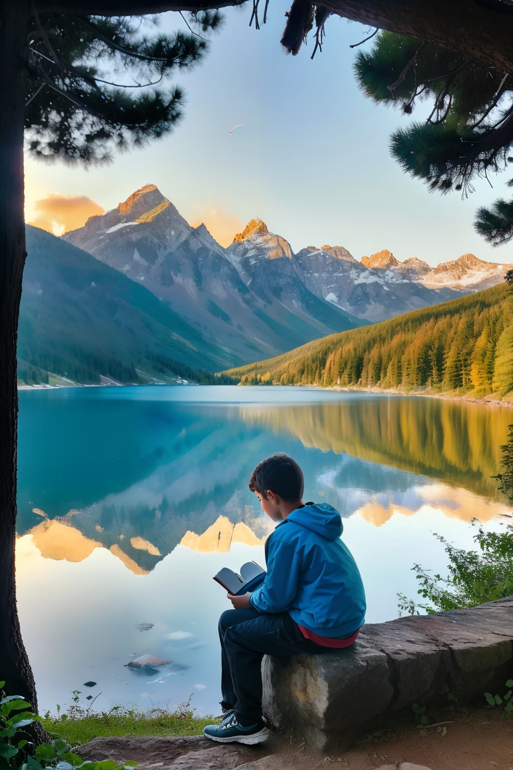 guttonerdvision10, A raw portrait capturing the essence of a 2-year-old boy wearing glasses. Ele se senta diretamente de frente para o espectador em um banco de madeira, Absorvido na leitura de um livro. The setting is in front of a serene lake. The focus is intentionally placed on the boy, with the background of high mountains slightly blurred to highlight their presence.

The scene is enhanced by the picturesque beauty of the sky painted with the colors of the sunrise. Characteristic clouds of the dawn create a colorful scenery, adding to the overall charm of the setting.

The details of the boy's skin are carefully rendered with a scale factor of 1.2, garantindo um retrato realista e cheio de nuances. O toque hiper-realista com um fator de 1.2 adiciona profundidade e complexidade aos recursos, making the boy's expression and features come to life.

This portrait is created in Ultra High Definition (UHD) for exceptional clarity and resolution, permitindo que cada detalhe brilhe. The scene is designed to evoke a sense of tranquility and wonder, com o engajamento do menino na leitura destacado tendo como pano de fundo o lago e as montanhas.

The composition emphasizes the boy's interaction with the book and the surrounding natural beauties. O foco suave nas montanhas cria um efeito de profundidade de campo, keeping the boy as the central focus of attention.

Geral, The raw portrait captures a thrilling and visually captivating moment of a boy enjoying his book by the lake, with the magic of the sunrise painting the sky in the background.