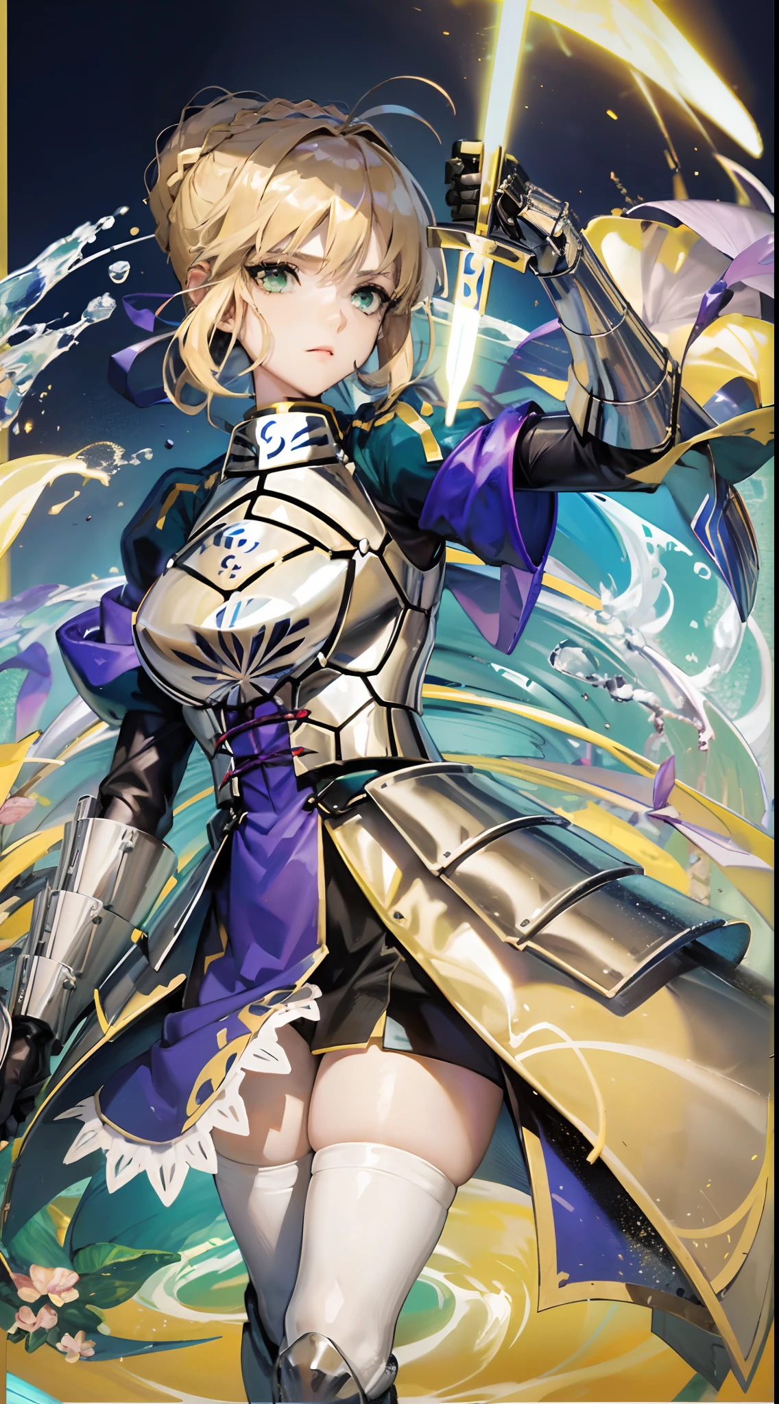 Artoria Pendragon (saber),Yellow theme，Flowing water theme，Promotional poster style，huge tit，armor，Sexy one-piece stockings，busty figure，Fleshy thighs