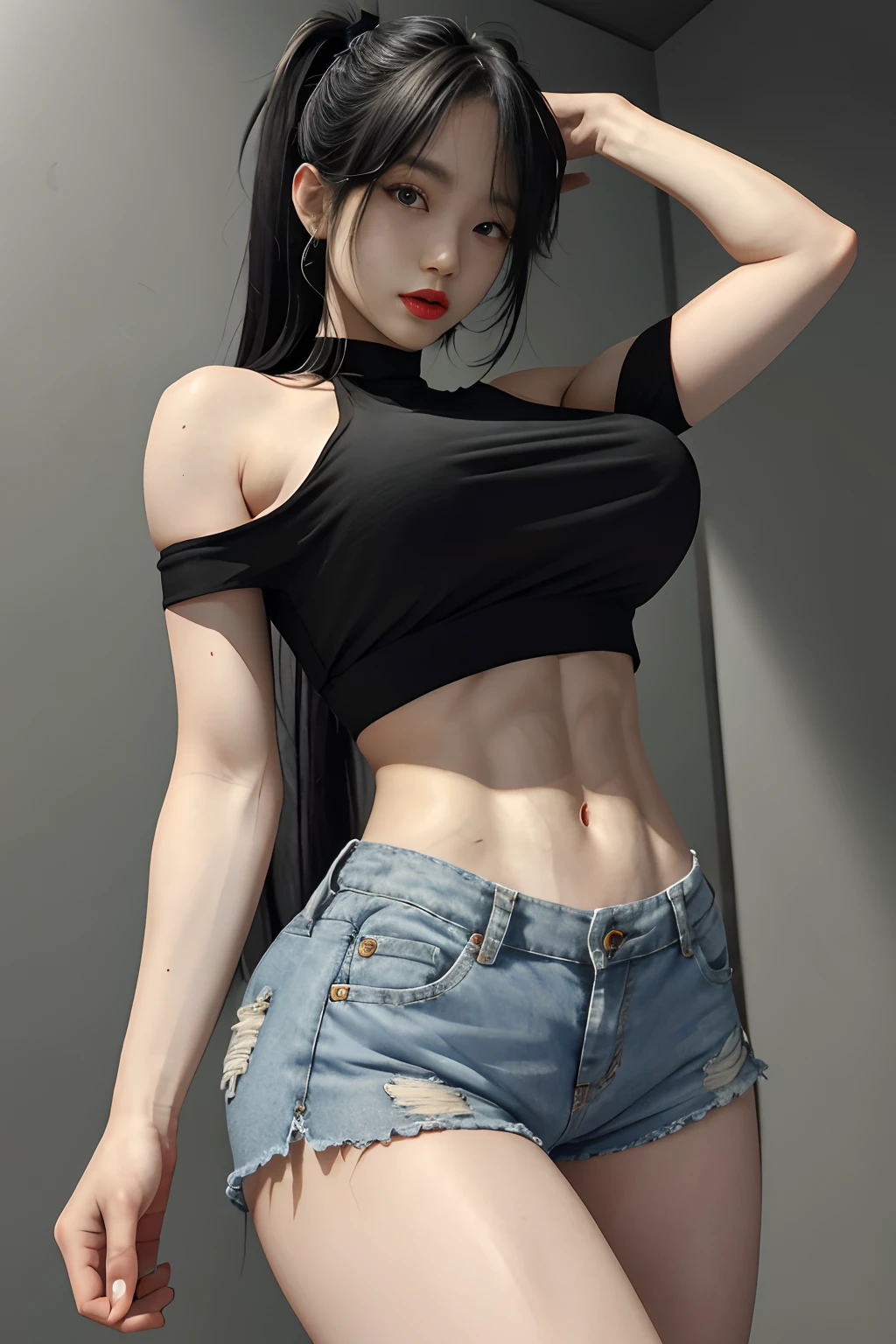 Daughter， By bangs， exposed bare shoulders， Black  shorts， super giant breast， Breasts squeezed together， greybackground， hair between eye，， long whitr hair， View viewer， Super short pants， parted lip， red eyes， Camisole， simplebackground， sleeveless， sleeveless shirts， solo， ， V-Arm， whaite hair，（Shiny skin），（tmasterpiece：1.4），（best qualtiy：1.4），，，Facigirl，Redlip，Perfect abs，navel，（：1.5），（Clear areola）， ，Super huge，sweat leggs，
