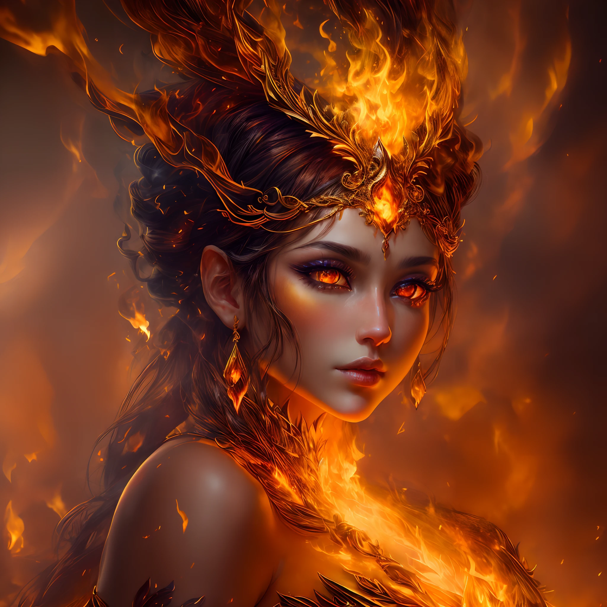 This (realistic fantasy) art contains embers, real flames, real heat, and realistic fire. Generate a masterpiece artwork of a  female fire druid with large (((orange and gold))) eyes. The fire druid is awe-inspiring with beautiful ((realistic fiery eyes)) alight with confidence and power. Her features are elegant and well defined, with ((soft)) and (((puffy))) and (((smooth))) lips, elven bone structure, and realistic shading. (((Her eyes are important and should be the focal point of this artwork))), with ((extremely realistic details, macro details, and shimmer.)) She is wearing a billowing and glittering gown ((made of realistic flames)) and jewels that glimmer in the fire light. Wisps of fire and smoke line the intricate bodice of the dress. Include bumps, stones, fiery iridescence, glowing embers, silk and satin and leather, an interesting background, and heavy fantasy elements. Camera: Utilize dynamic composition techniques to enhance the realistic flames.
