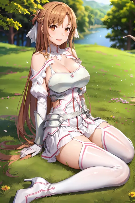 stacia, asuna, asuna_\(sao\), 1girl, (sexy pose:1.2), fantasy, highres,  original, realistic, (excite), scenery,  close_up, upper_body, (sit on a grass), smiling, solo, (potruding nipple:1.2), long hair, (huge breasts:1.3), looking at viewer, smile, open m...