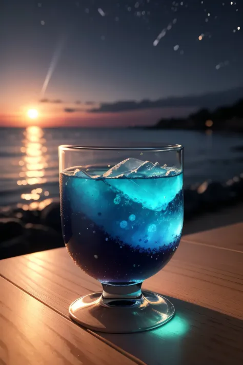 blue drink in a small glass cup with a view of a beach on a starry night