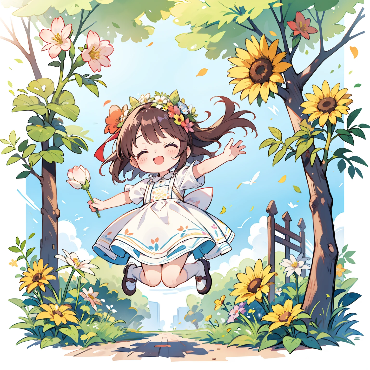 포스터 제작, 어린이 날, 정원 안에, 꽃을 들고 있는 어린 소녀들, 공중에 떠 있는 꽃들, 행복하다, 점프, 행복하다 --v 6