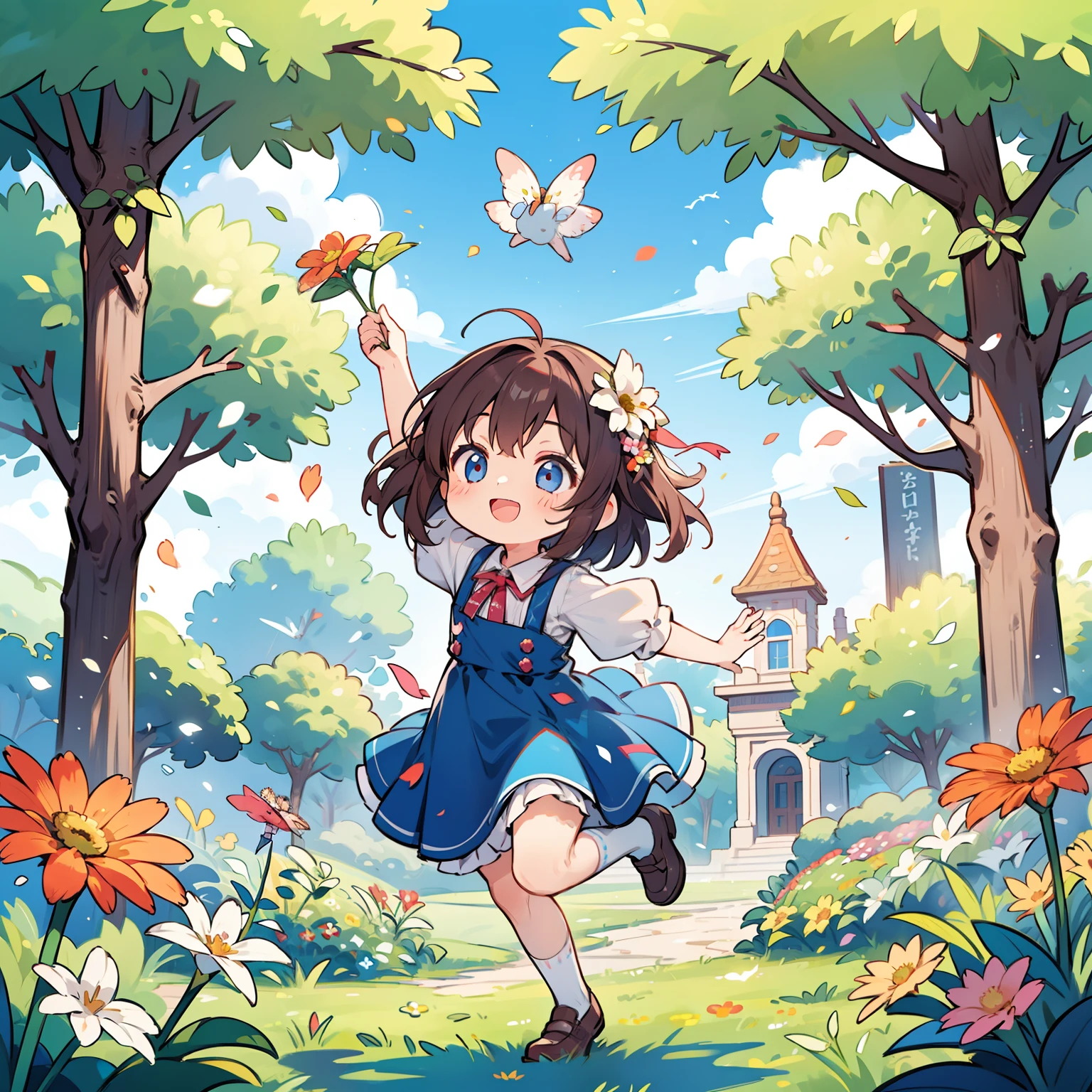 海报制作, 儿童节, 在花园里, 拿着花的小女孩, 空中飘浮的花朵, 快乐的, 跳跃, 快乐的 --v 6