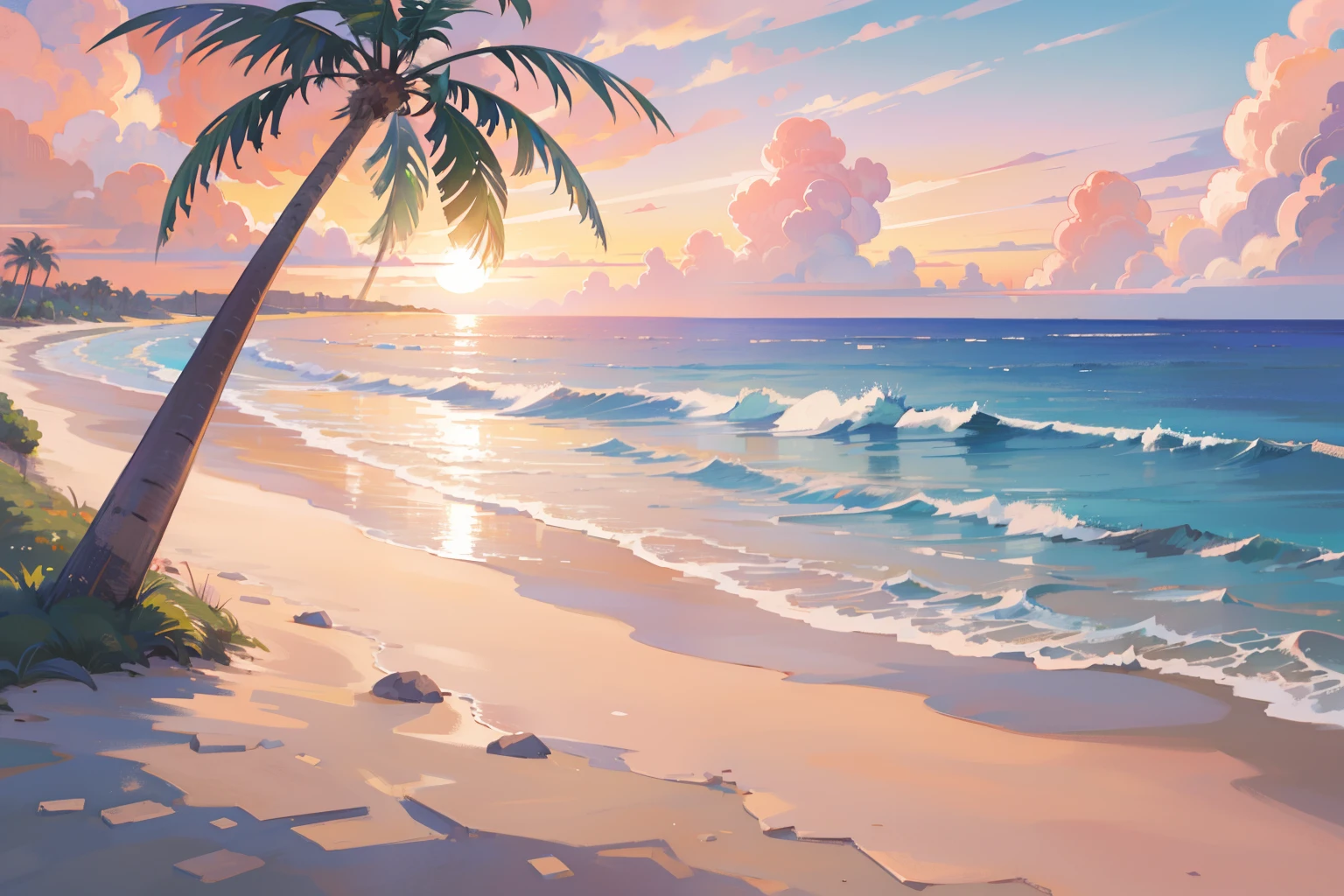 (шедевр), Лучшее качество, сверхвысокое разрешение, красивый пейзаж, подробные декорации, (теплый пастельный цвет), пляж, colorful пляж, розовый песок, Пальма, море, закат