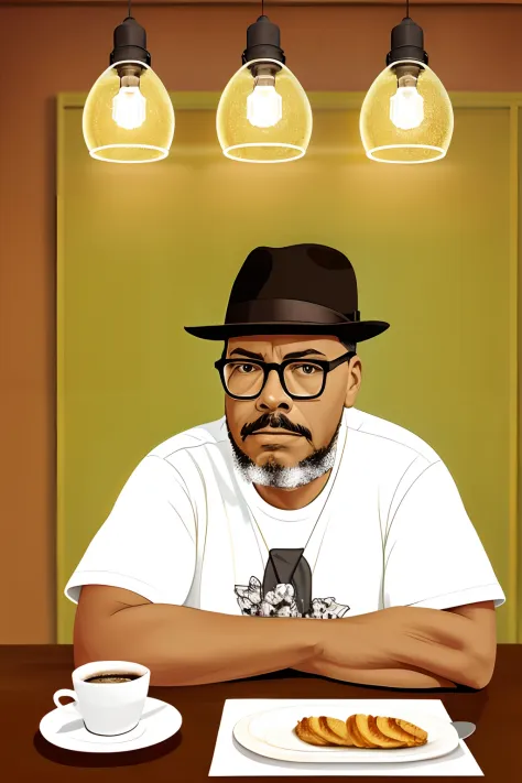 guttonerdvision10, desenho animado de um homem de oculos, sitting at a table with a cup of hot coffee and a croissant. Retrato d...