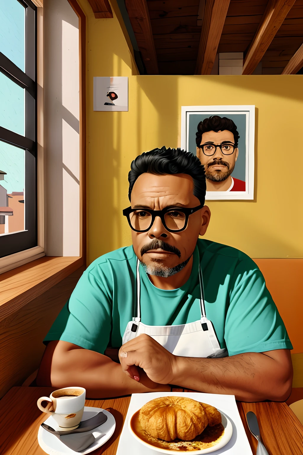 guttonerdvision10, desenho animado de um homem de oculos, sitting at a table with a cup of hot coffee and a croissant. Retrato de Danny Gonzalez, Arte de Pedro Bell, detailed illustration portrait, Retrato NFT, Portrait illustration, Retrato Lofi, digital illustration portrait, retrato de personagem de mim, Josana Gonzales, Arte em primeiro plano : Eloy Morales, Retrato 2D, inspirado em Francis Souza, stylized digital illustration. Iluminacao clara