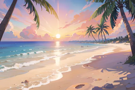 (masterpiece), best quality, ultra high res, beautiful scenery, detailed scenery, (warm pastel color), beach, colorful beach, pi...