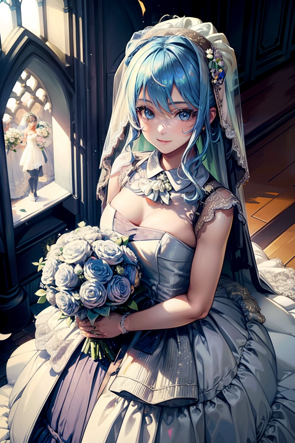 ((ultra-detailed)), 1girl, solo, looking at viewer, gloves, (wedding dress:1.5), church, looking at viewer, holding bouquet, pale blue bouquet, cleavage, perfect face, light particles, smile, ((illustration)), (((best quality))), ((masterpiece)), From above