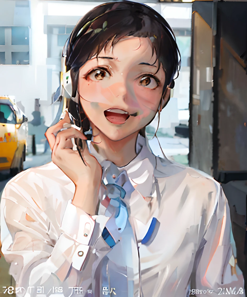 Woman wearing headphones in white shirt and blue tie, dilraba dilmurat, Korean girl, jaeyeon nam, Wearing earphones, xintong chen, Wearing a headset, sakimichan, young lovely Korean faces, Li Zixin, Lee Ji-eun, lee ji eun, with headphone, hwang se - on, wan adorable korean face，hand painted style，