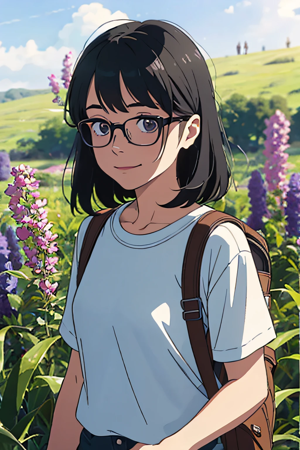 Anime girl with glasses and backpack standing in a field of flowers ...