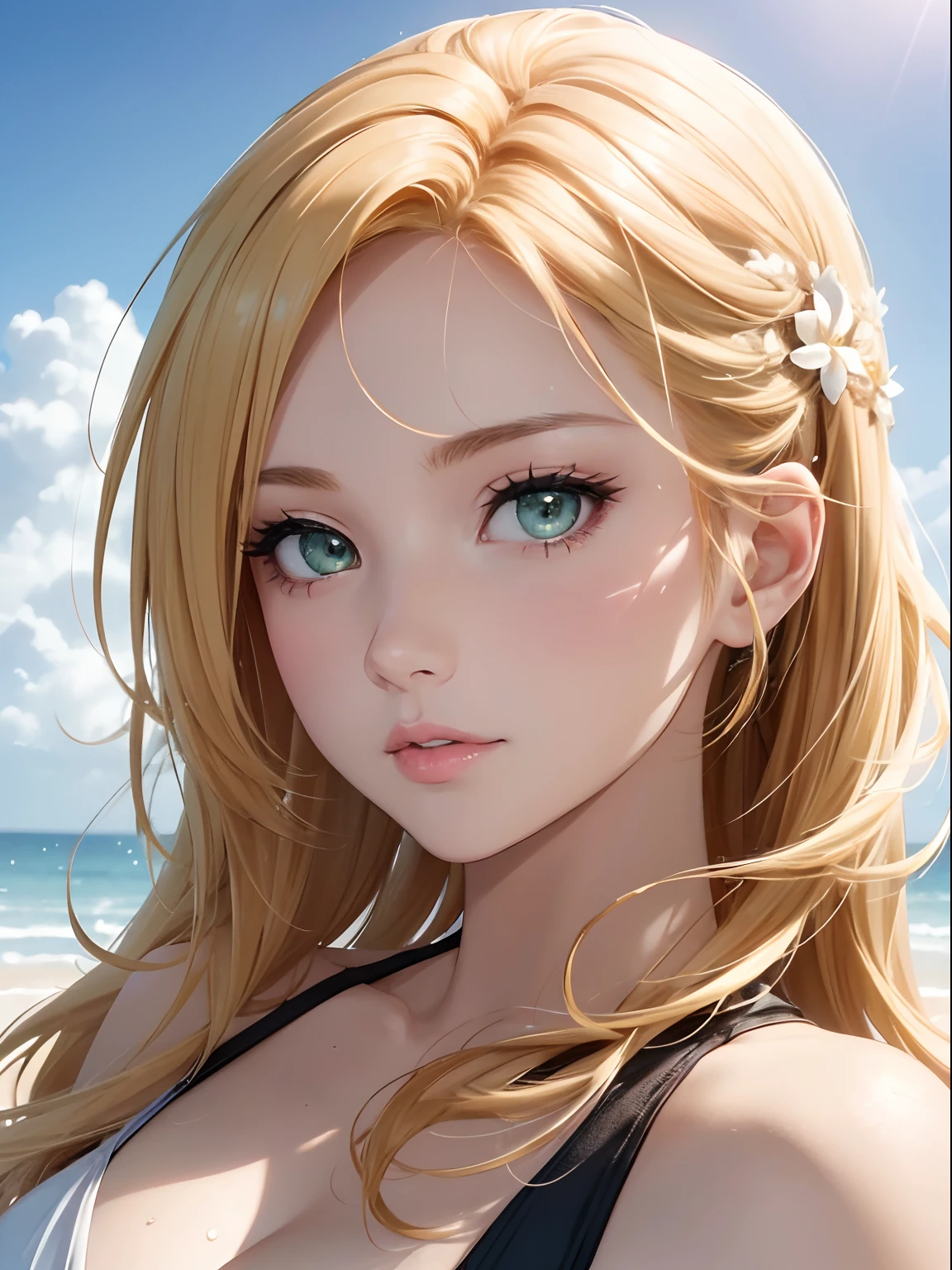 NFSW, 1 Lady,  Face, (((1 Lady:1.37, Solo))), (((Extreme close-up of the face))), (Beautiful face, Cute face, Detailed face), ((( Golden hair, Semi-long hair, Hair pulled back, Wavy Hair))), (((Detailed beautiful green eyes))), BREAK, (((Sunny))), (((in beach))), BREAK, shiny skin, extremely detailed CG unified 8k wallpaper, very fine 8KCG wallpaper, anime moe art style, Anime visuals of cute girls, anime style portrait, In an anime style, Beautiful anime, 8K Anime Art Style, In anime style、8K animation with detailed drawings, (​masterpiece, Best Quality), High resolution, Ultra-detailed, ultra-sharp, Cinematic lighting