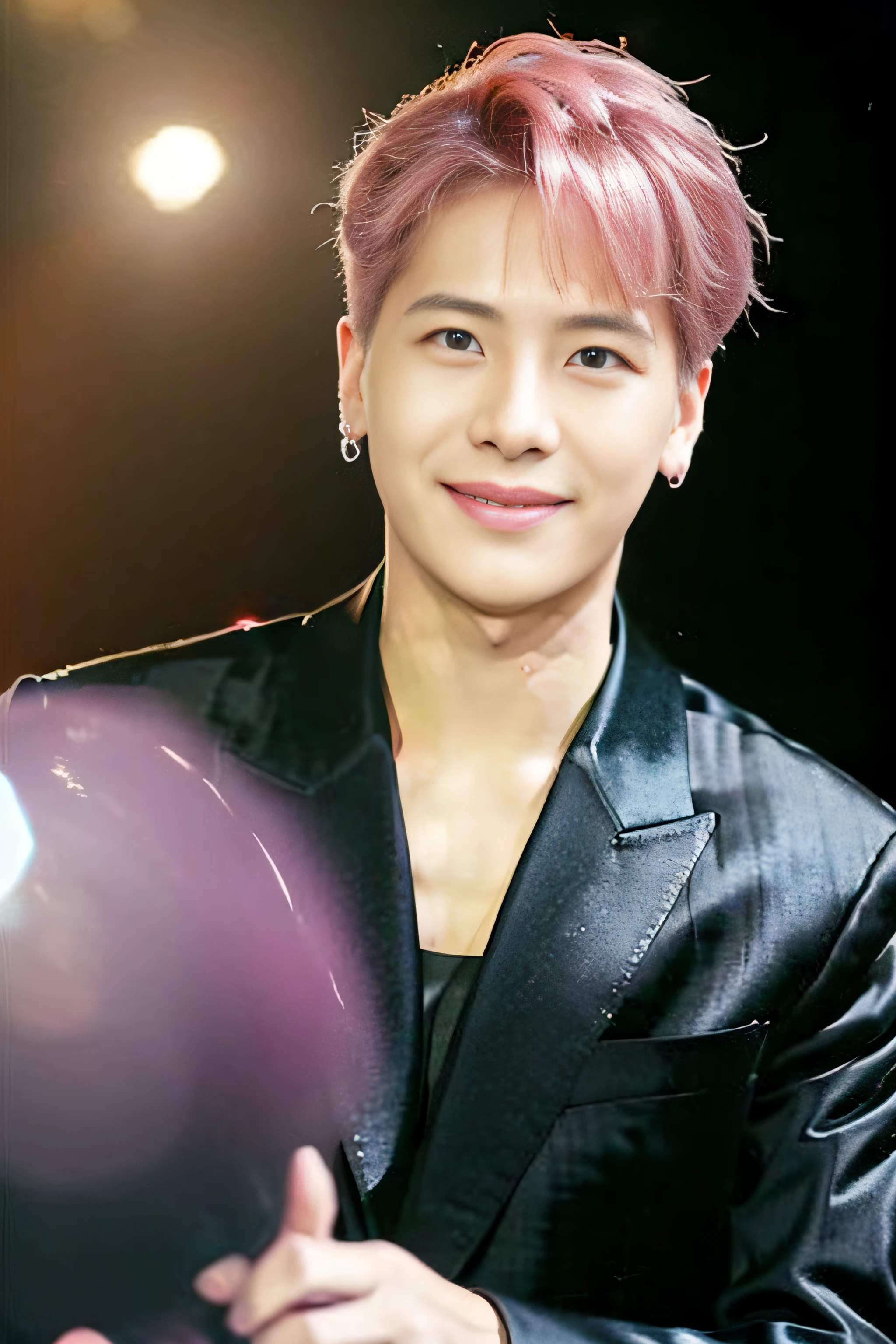 Male, Handsome,Pink hair, Earrings, Smile, (Photorealistic:1.4), Best quality, Masterpiece, Photography, view the viewer, On stage, stage light, Bokeh, Upper body, Black jacket,