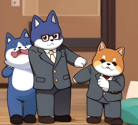 Chubby Shiba Inu in anime style，Anthropomorphic Shiba Inu，shaggy，Wear a suit，formal outfit，Wear glasses，Cute and fluffy