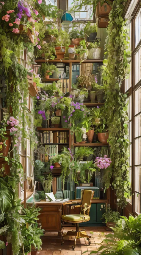 Architectural Digest photo of a maximalist green {vaporwave/steampunk/solarpunk} ((Home office)) with flowers and plants, golden...