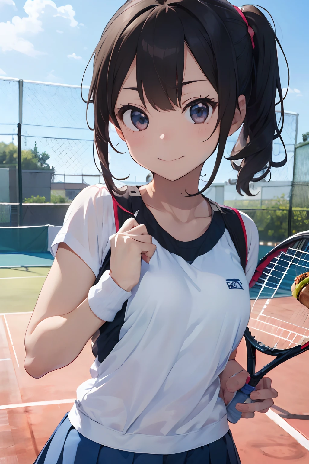 masutepiece, Best Quality, 8K_Wallpaper, (Beautiful eyes), ((Cute)), Cute, (lovely), (Tennis court on a sunny day),1girl in,small tits,1 schoolgirl,Standing Girl,Smile,facial close-up、portlate(((tennis coat)))(((Tennis Wear)))、((Having a hamburger))