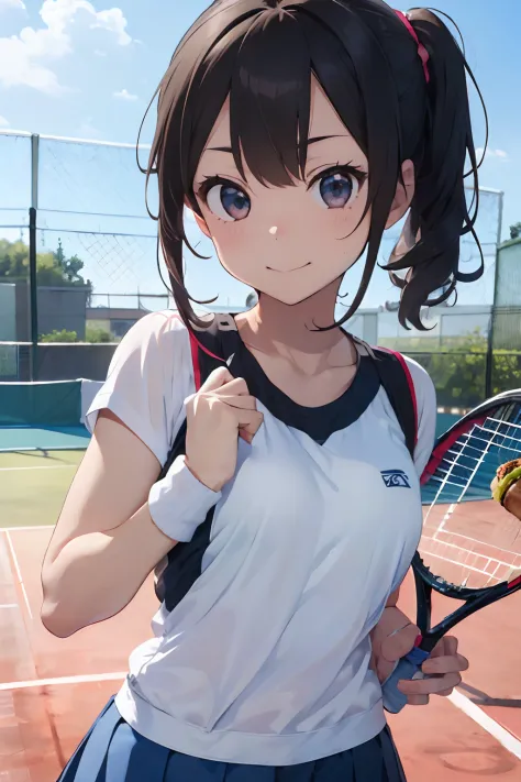 masutepiece, Best Quality, 8K_Wallpaper, (Beautiful eyes), ((Cute)), Cute, (lovely), (Tennis court on a sunny day),1girl in,smal...