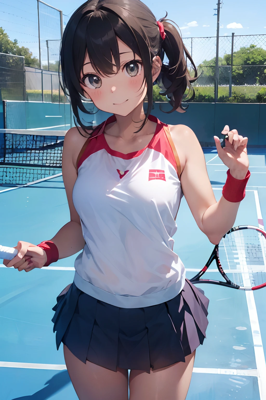 masutepiece, Best Quality, 8K_Wallpaper, (Beautiful eyes), ((Cute)), Cute, (lovely), (Tennis court on a sunny day),1girl in,small tits,1 schoolgirl,Standing Girl,Smile,facial close-up、portlate(((tennis coat)))(((Tennis Wear)))、((Having a hamburger))