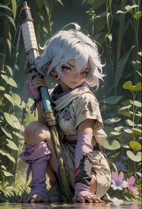 "A fierce 3-foot-4-inch warrior with tattered clothing and light purple skin, Tristana, holding a rocket launcher, stands firmly...