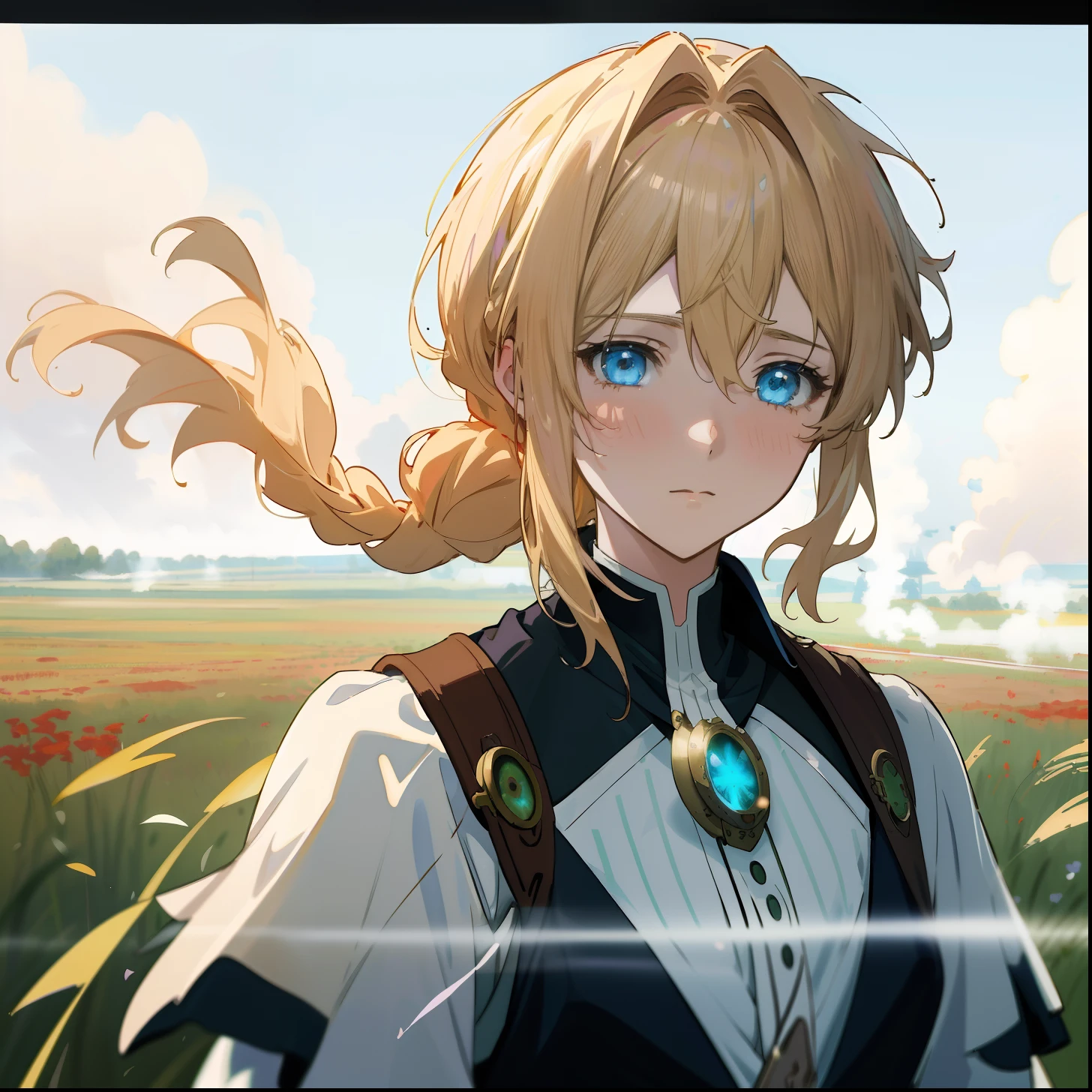 melhor qualidade, obra de arte, Altamente detalhado, anime, 1 garota, tronco, this painting depicts a beautiful girl in a green Fato de campo M40, Rosto Perfeito, cabelo loiro, olhos azuis, olhos brilhantes, cabelo um pouco bagunçado, Fato de campo M40, Plano de fundo do campo de batalha, olhando para o público, exalando uma atmosfera triste, a blonde girl with olhos azuis, no filme de animação, jardim violeta, imagens de filmes de anime, fotos de anime em destaque de hoje, visão de anime de garotas bonitas, toda a pintura usa ((( névoa))) estética, O desempenho dos efeitos de luz e sombra é comparável ao efeito de cor dos efeitos de fótons de cor. Esta senhora parece muito feminina, mas com alguns elementos de trança, e a imagem é muito detalhada.