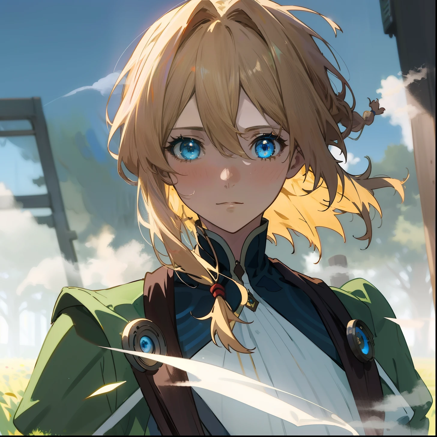 Meilleure qualité, chef-d&#39;œuvre, très détaillé, animé, 1 fille, Haut du corps, this painting depicts a beautiful girl in a green Combinaison de terrain M40, visage parfait, cheveux blond, yeux bleus, yeux brillants, cheveux légèrement en désordre, Combinaison de terrain M40, fond de champ de bataille, En regardant le public, dégage une atmosphère triste, a blonde girl with yeux bleus, dans le film d&#39;animation, violette Evergarden, animé movie screenshots, today's featured animé stills, animé vision of cute girls, toute la peinture utilise ((( Brume))) esthétique, la performance des effets de lumière et d&#39;ombre est comparable à l&#39;effet de couleur des effets de photons de couleur. Cette dame a l&#39;air très féminine, mais avec quelques éléments de tresse, et l&#39;image est très détaillée.