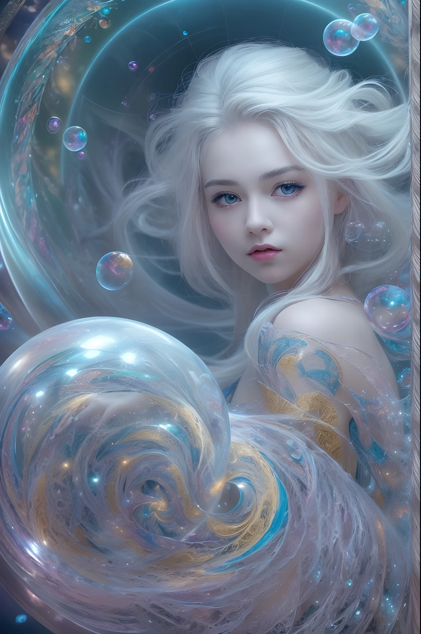 (masterpiece, top quality, best quality, official art, beautiful and aesthetic:1.2), (1 naked girl:1.2), cute, extreme detailed,(abstract:1.4, fractal art:1.3),(silver_hair:1.1), blue eyes,colorful,highest detailed, Beautiful girl trapped inside a big soap bubble,Game of Thrones,Tai Chi,teen