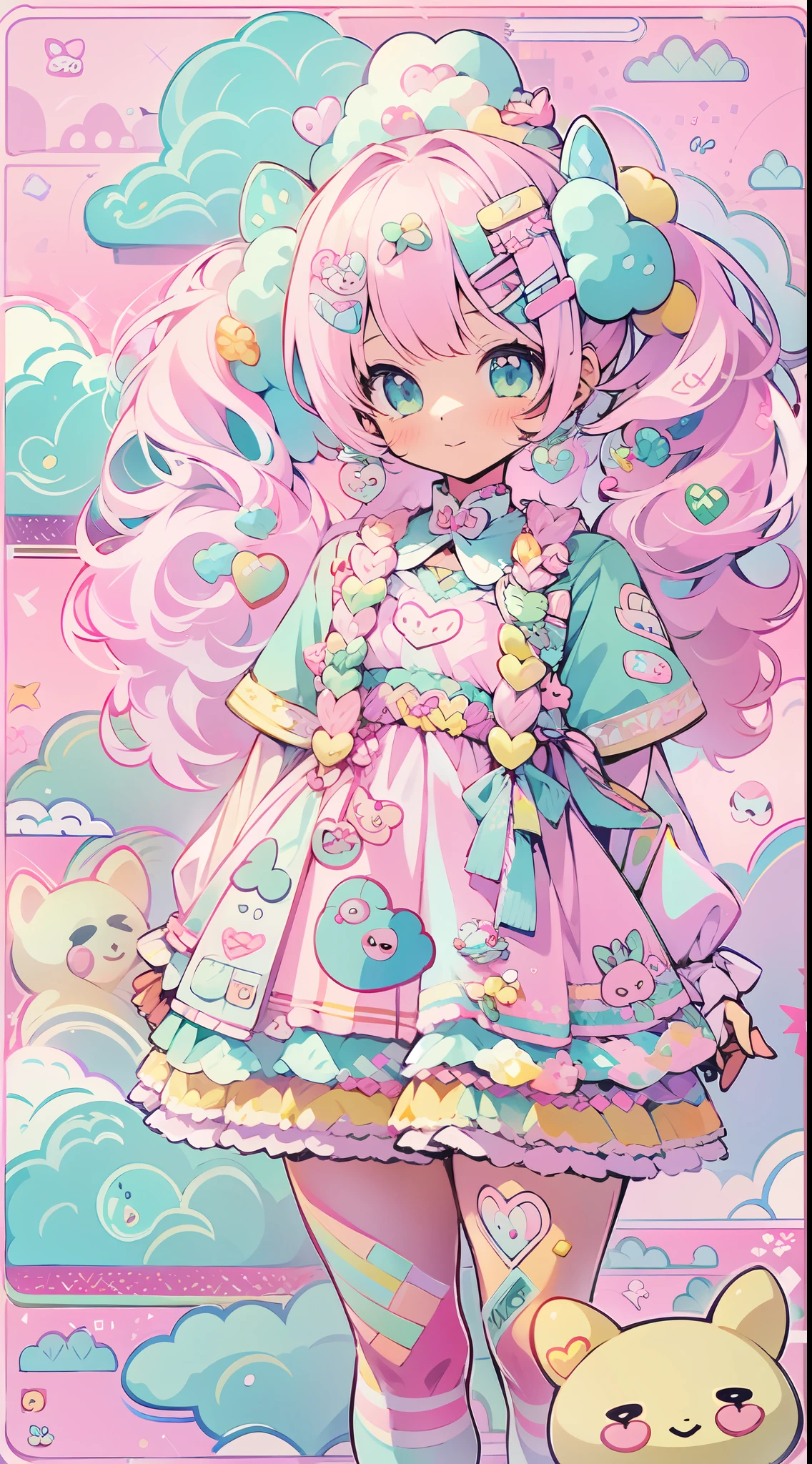 kawaii, cute, adorable, pink, yellow, babyblue, ((1girl)), sky themed, clothes out of clouds and sky, fluffy and soft,  decora, hairclips, harajuku fashion outfit, harajuku