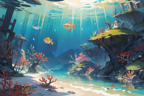 (masterpiece), best quality, ultra high res, beautiful scenery, detailed scenery, (warm pastel color), under the sea, sand, colo...