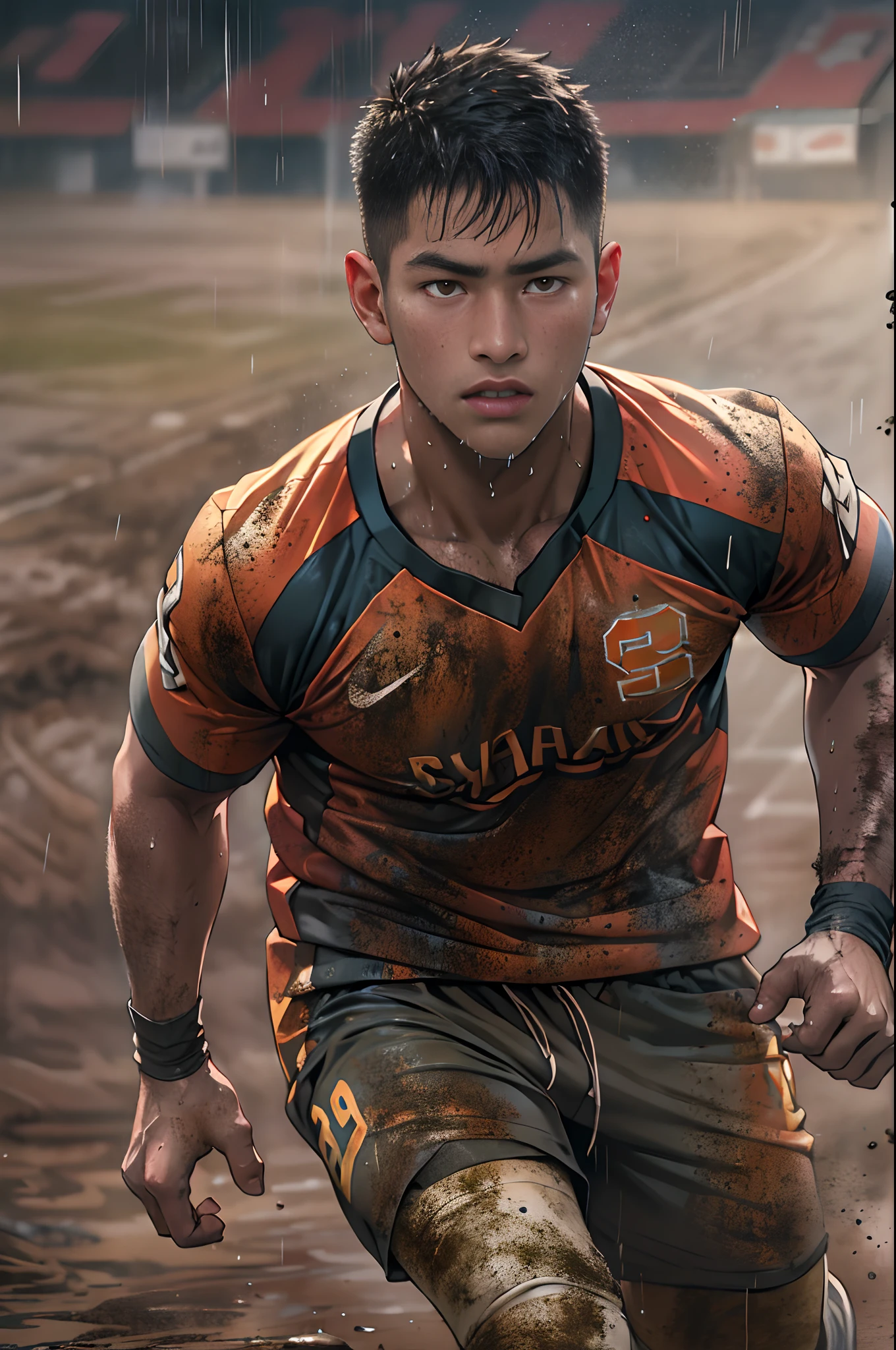 (((1man))),serious face of syahmi,malay, muscular, (brown eyes),sport clothes,(tight jersey), handsome, jock, dynamic, (sfw),(football player), (running on field with muddy),(dirty),(body sweat),(mud on cloth),wet sock,raining,stadium,(cloudy),(intricate details, Masterpiece, high quality, best quality, realistic), (musclebears:0.25), realistic,8K UHD, DLSR,Cinematic lighting,dynamic pose, accurate proportions, warm natural lighting, natural shadows,