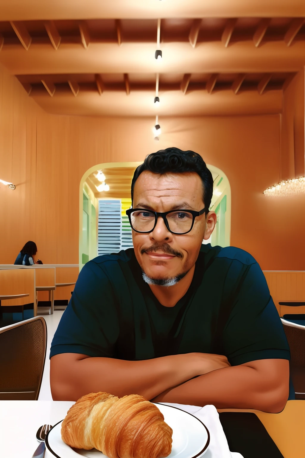 guttonerdvision10, um homem de oculos, sentado em uma cafeteria, In front of you a ((cup of coffee)) e um ((croissant)). ((homem de oculos)) e com um discreto sorriso sentado em uma mesa, Portrait illustration, in illustration style digital, digital illustration portrait, Arte por Pedro Bell, retrato de alta qualidade ilustracao de alex ross, Retrato do personagem do homem nerd, feito com ilustrador, detailed illustration portrait, um retrato do personagem