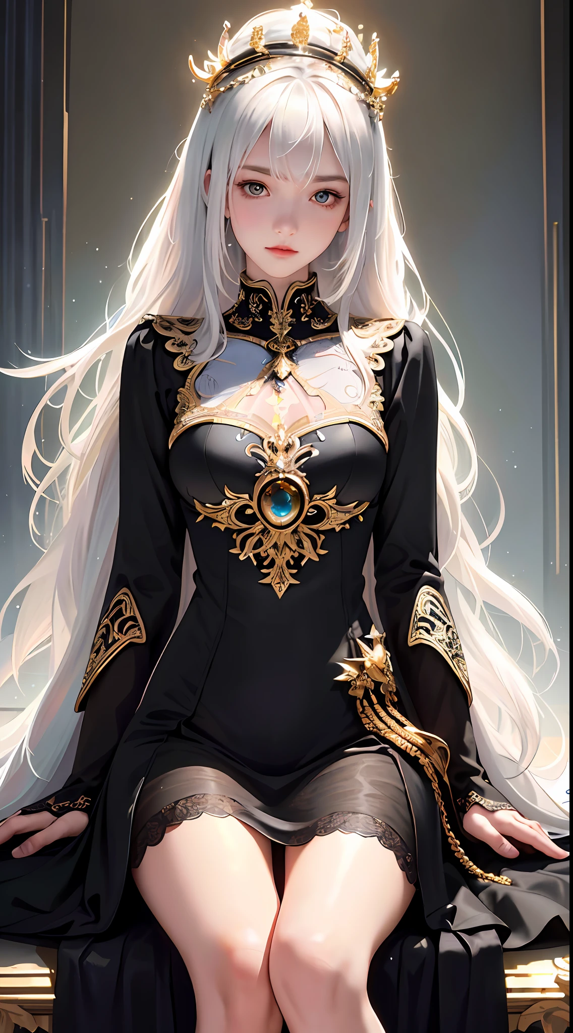 (Masterpiece:1.2), best quality, (illustration:1.2), (ultra-detailed), hyper details, (delicate detailed), (intricate details), (cinematic light, best quality Backlights), clear line, from below, soloist, perfect body, (1girl), white hair and yellow eyes, (emperor, black see-through clothes), (crown: 1.1), sitting on the throne, eyes slightly closed, head down, (shy: 1.2 ), (makeup), high contrast, (best illumination, an extremely create and beautiful), (cinematic light), colorful,