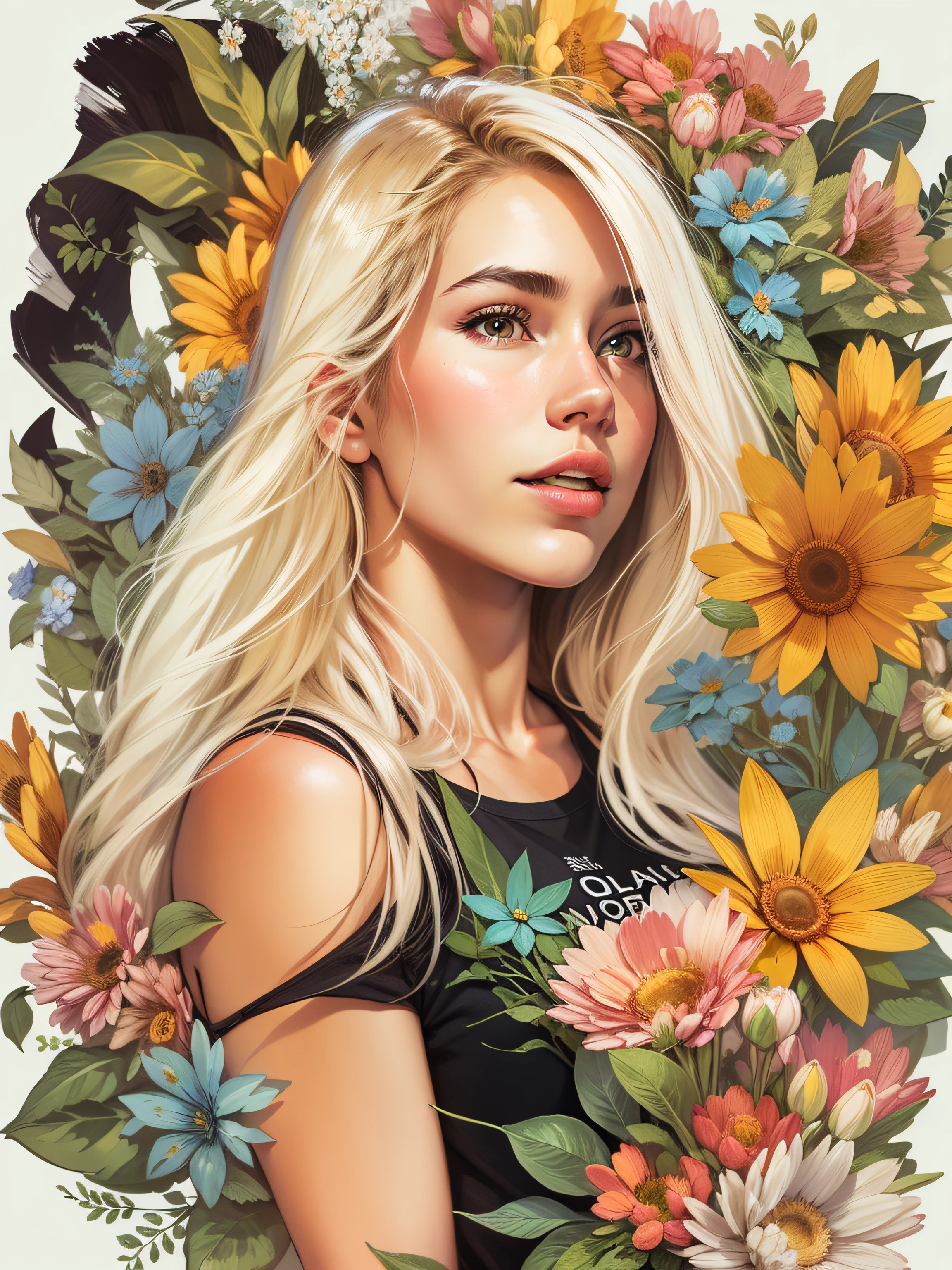 young woman, wearing short black bikini with long blonde hair, surrounded by various flowers, realistic style image, surrounded by vibraprint ready vector t-shirt design, white background, side view, sticker, clean white background, professional vector, high detail, T-shirt design, vibrant.