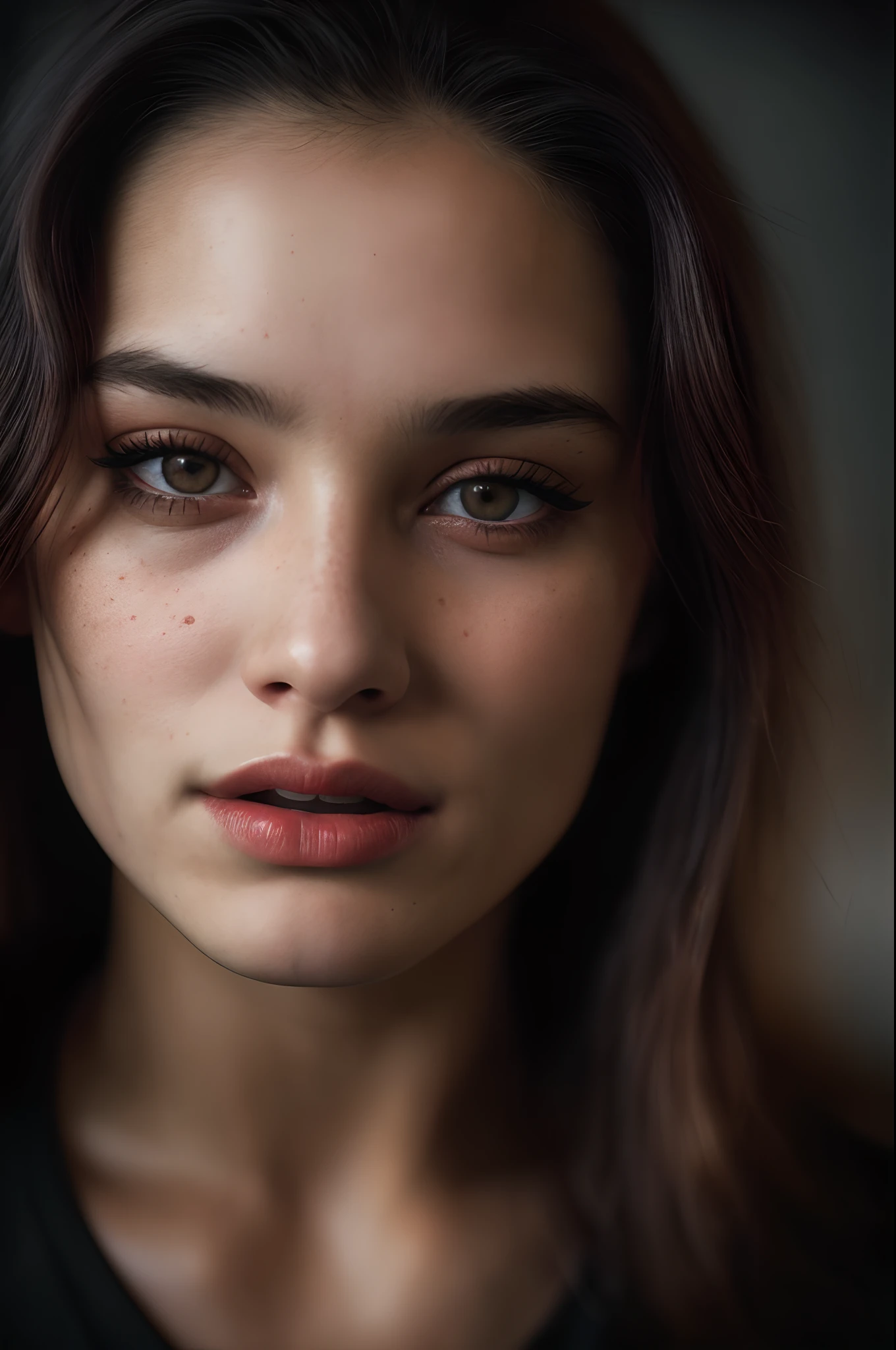 (close-up, editorial photograph of a 21 year old woman), face close up (highly detailed face:1.4) (smile:0.7) (background inside dark, moody, private study:1.3) POV, by lee jeffries, nikon d850, film stock photograph ,4 kodak portra 400 ,camera f1.6 lens ,rich colors ,hyper realistic ,lifelike texture, dramatic lighting , cinestill 800,